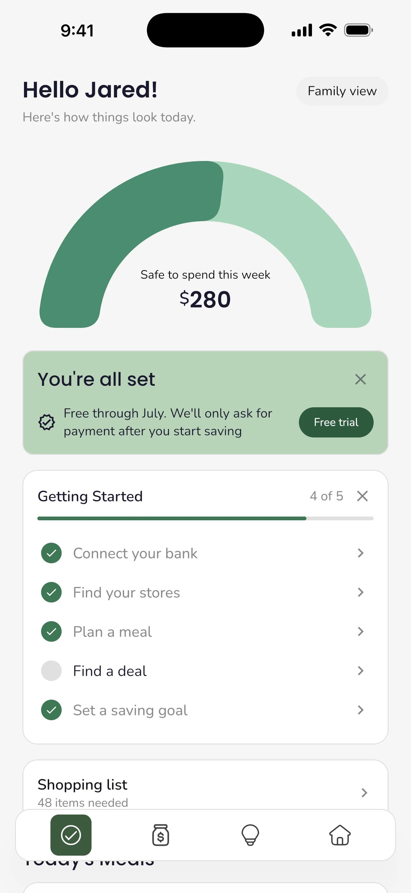Trellis home screen showing $280 safe to spend this week