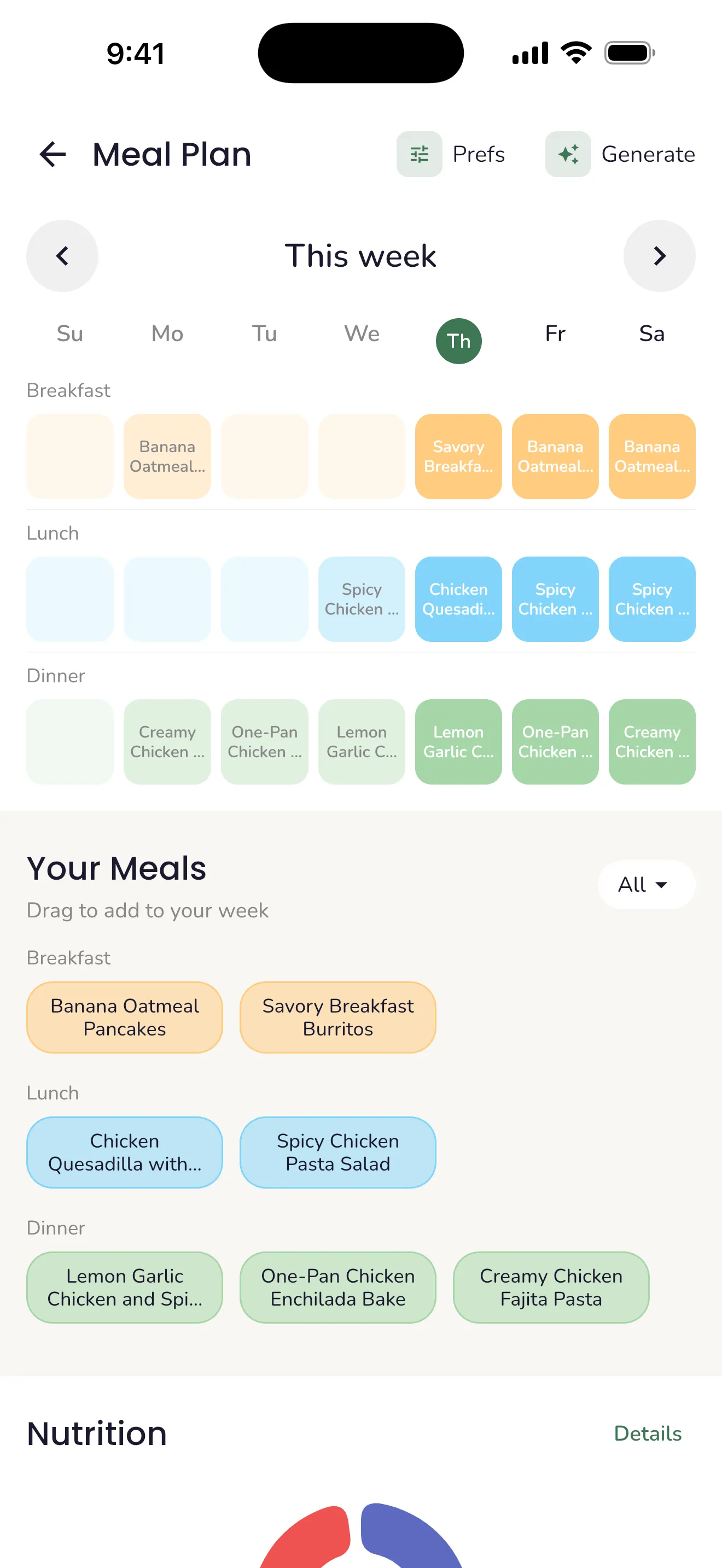 Trellis meal plan calendar with meals scheduled across the week