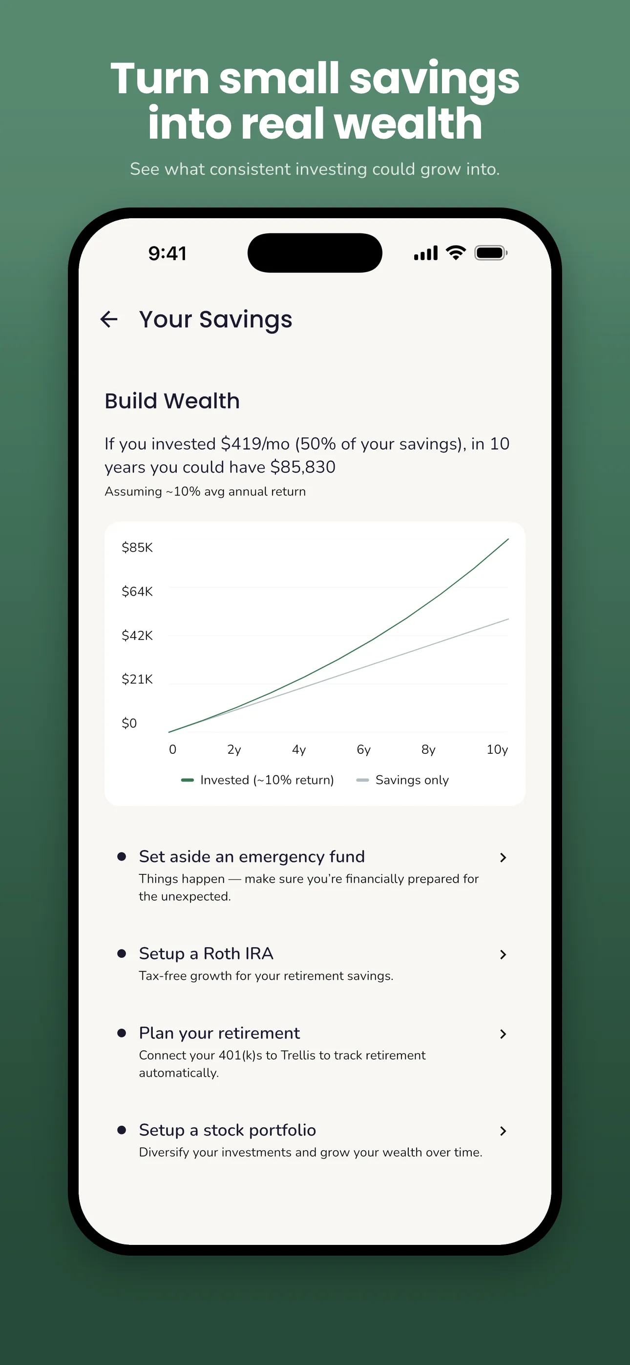 Trellis savings with a goal and a ten-year investing projection
