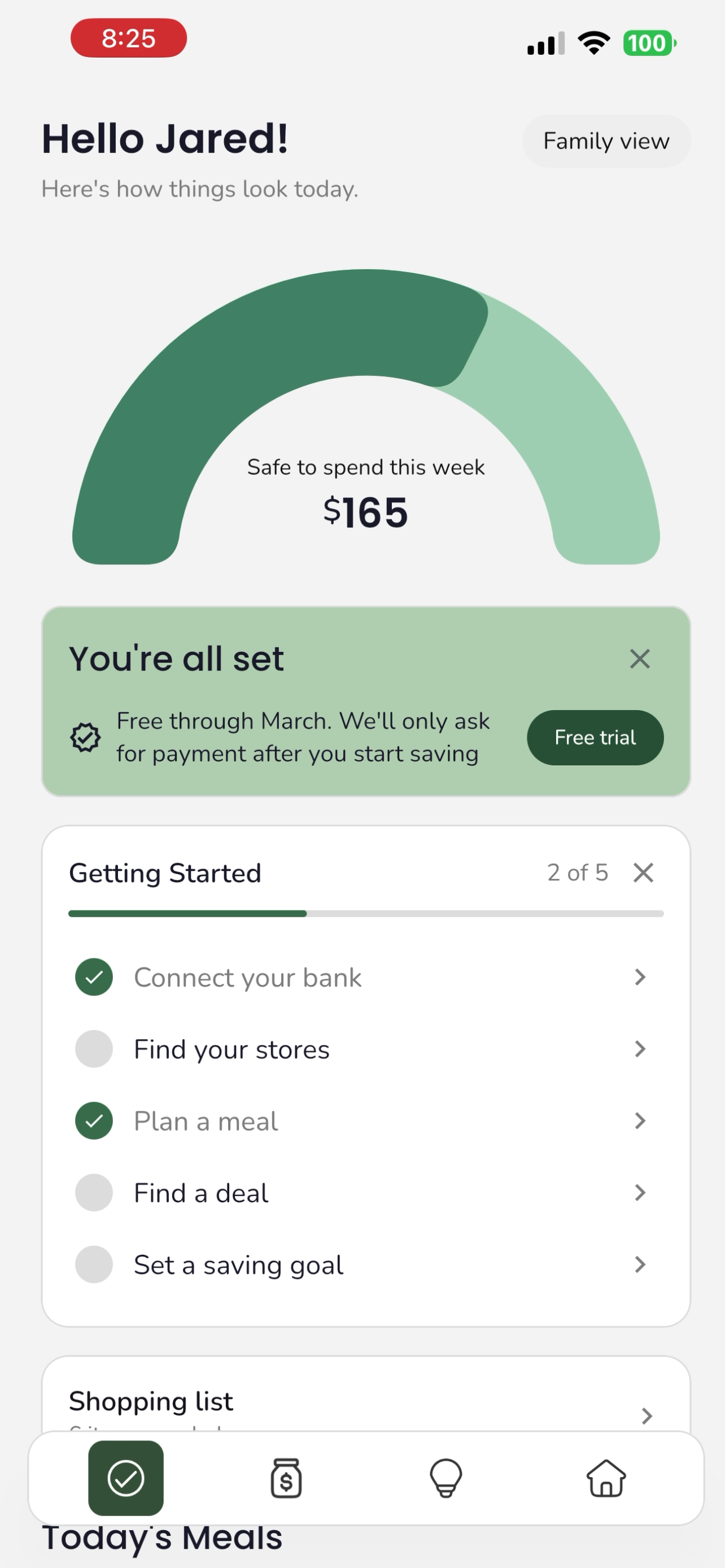 Trellis home screen showing budget gauge, quick savings tips, today's meals, and shopping list